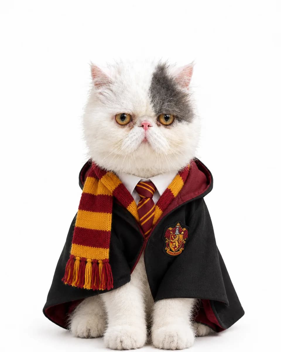 JD, a white and grey Persian punchface cat, wearing a Gryffindor robe and scarf